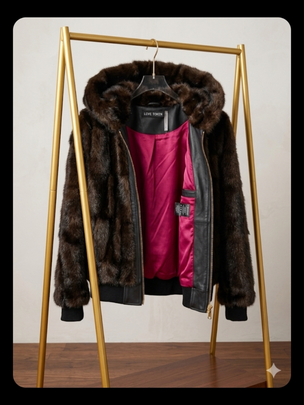 Love Token Brown Faux-Fur Bomber Jacket with Pink Lining
